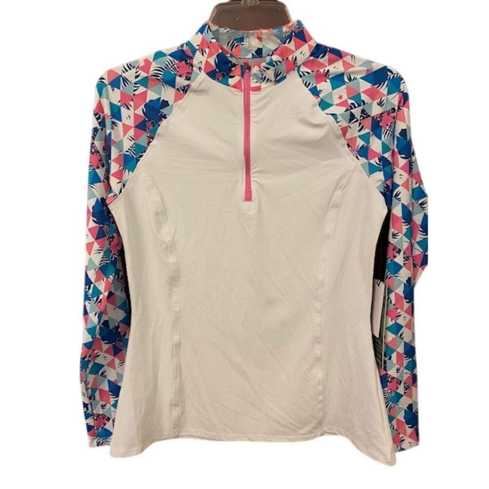 Kyodan Golf Mock Collar Long Sleeve Top UPF 50 White Multicolor – NWTs Pet Small